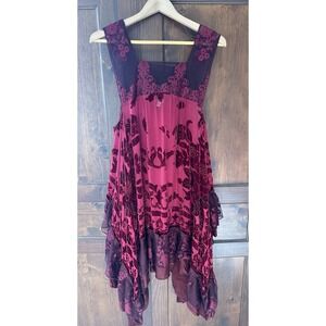 Mina Collections Velvet Burnout Beaded Handkerchief Hem Dress Burgundy Size M